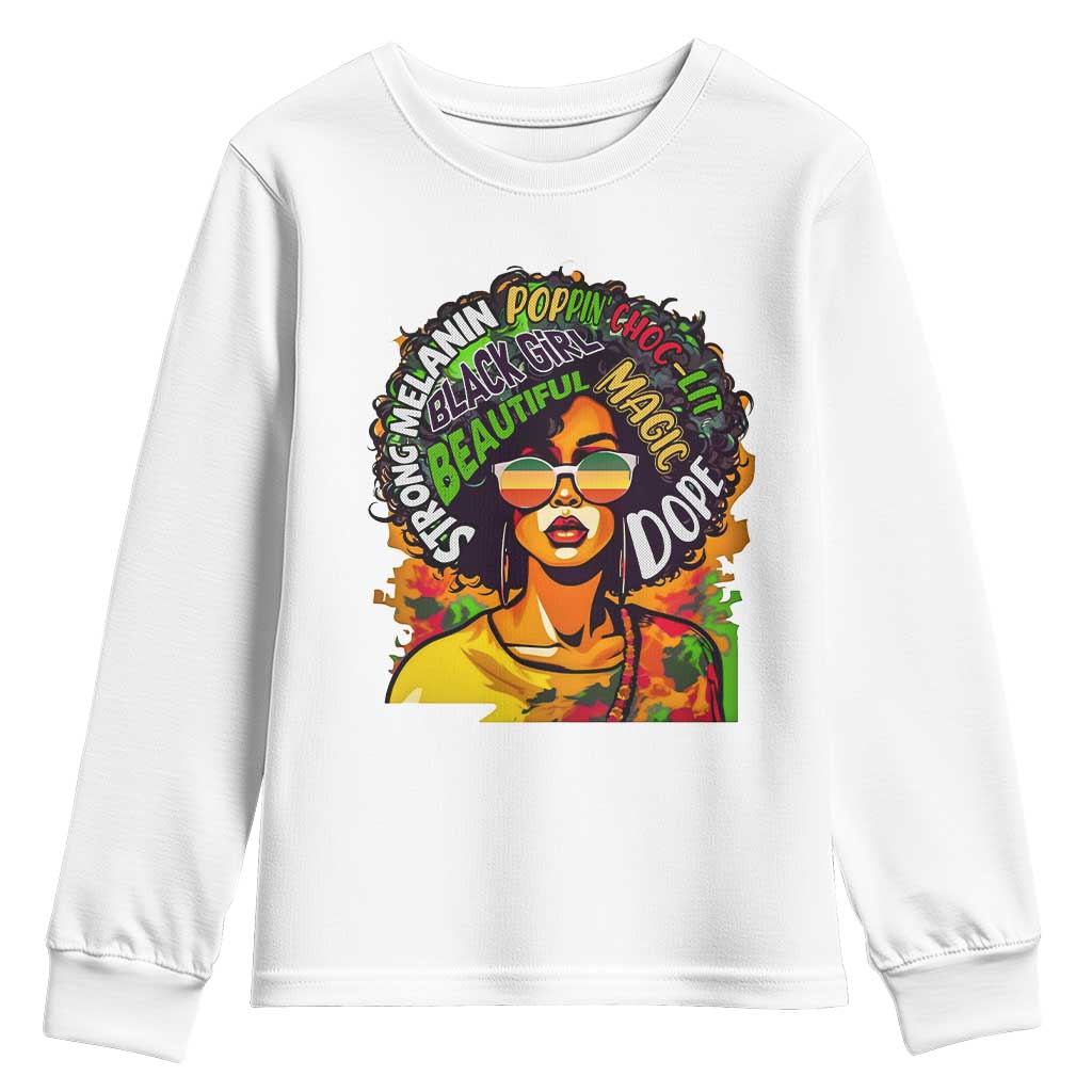 Afro Black Queen Magic Youth Long Sleeve Shirt Beautiful Strong Melanin Poppin' Choc-lit Dope