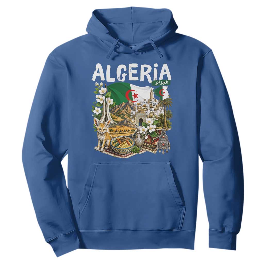 Algeria Algerian Culture and Landmarks Collage Graphic Hoodie Proud Fennec Fox Heritage and Arabic Calligraphy