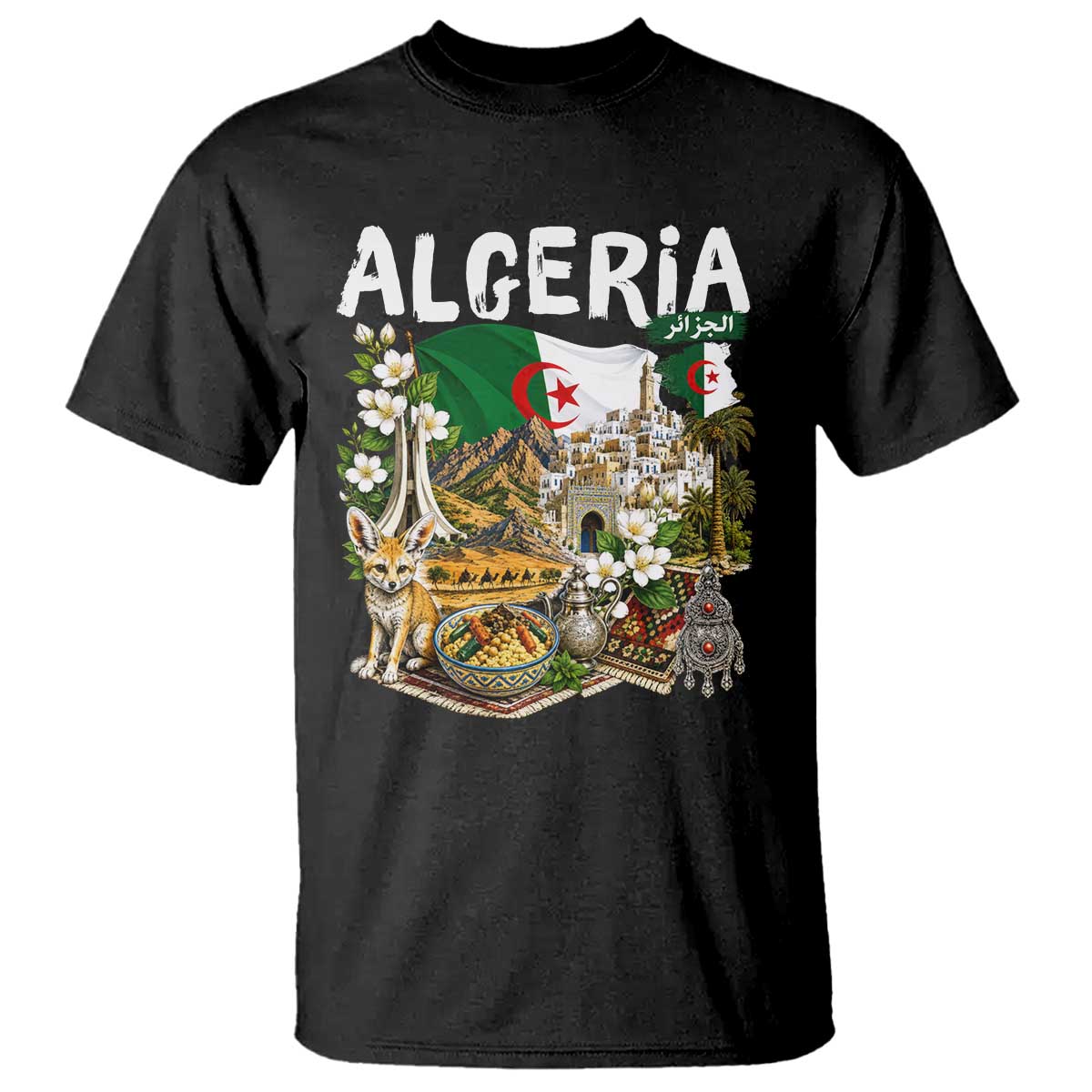 Algeria Algerian Culture and Landmarks Collage Graphic T Shirt Proud Fennec Fox Heritage and Arabic Calligraphy