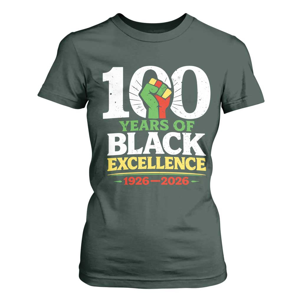 100 Years of Black Excellence 1926 2026 T Shirt For Women Pan-African Raised Fist Pride Honoring Black History Legacy