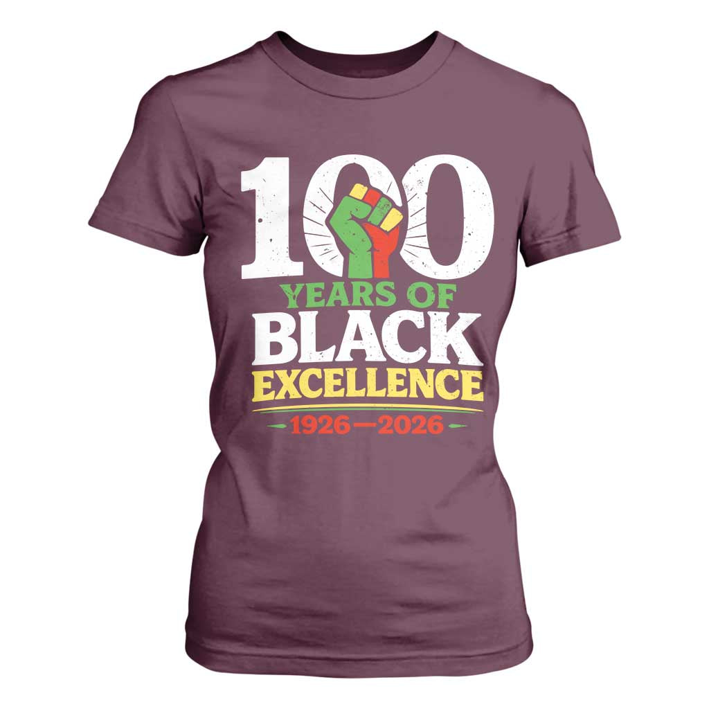 100 Years of Black Excellence 1926 2026 T Shirt For Women Pan-African Raised Fist Pride Honoring Black History Legacy