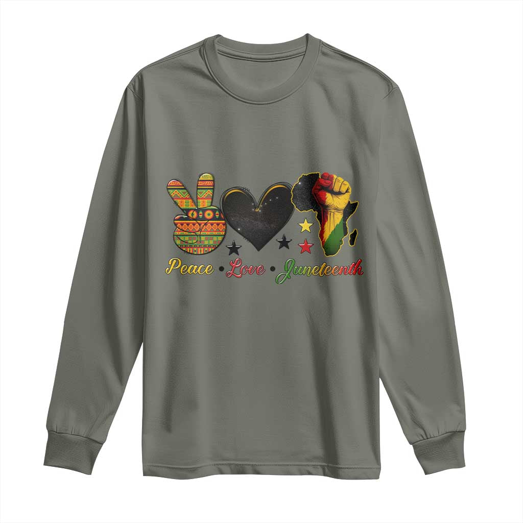 Peace Love Juneteenth Long Sleeve Shirt 1865 Heart Kente Peace Sign Africa Fist - African Pride
