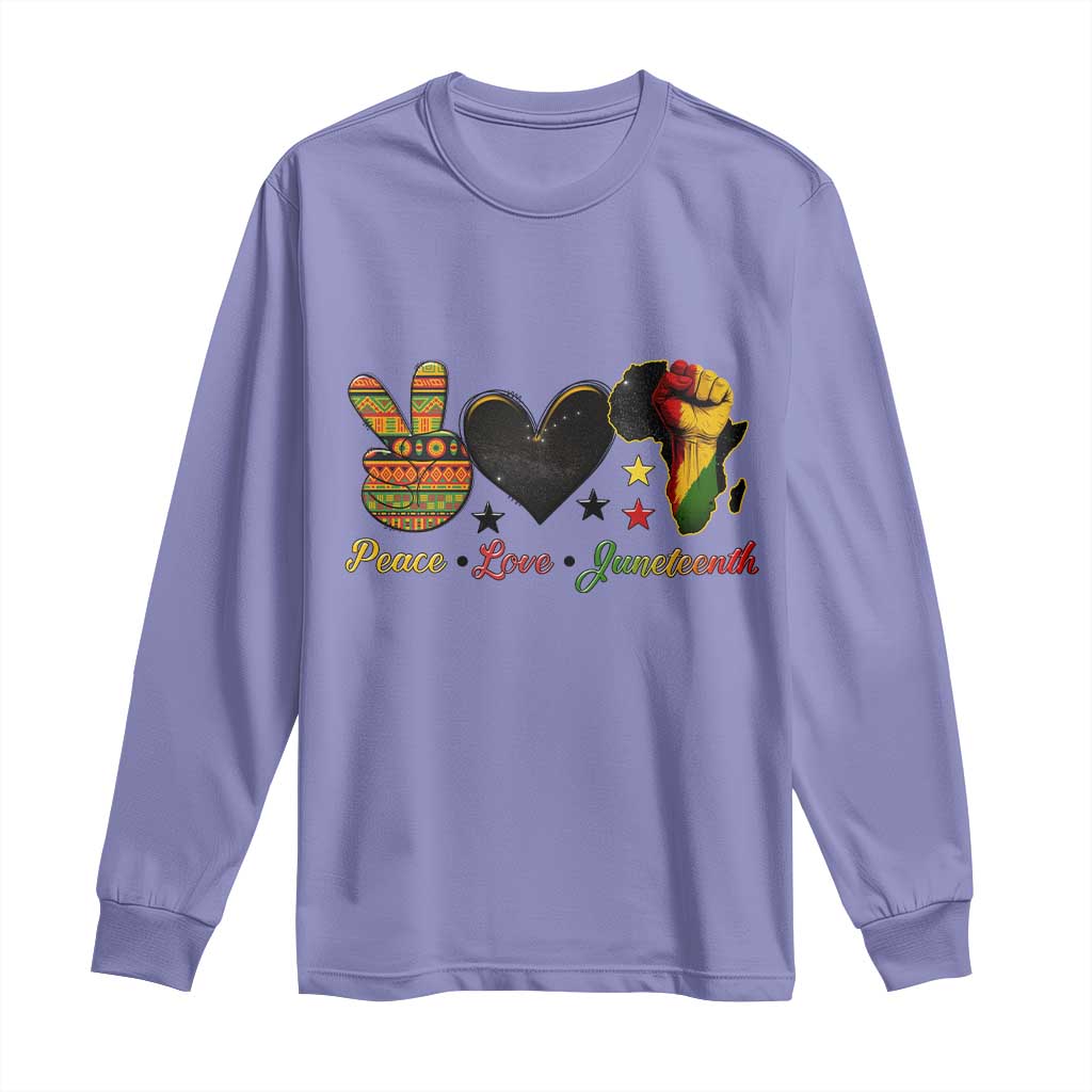 Peace Love Juneteenth Long Sleeve Shirt 1865 Heart Kente Peace Sign Africa Fist - African Pride