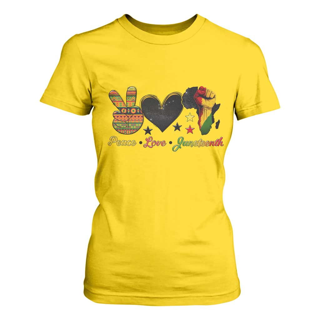 Peace Love Juneteenth T Shirt For Women 1865 Heart Kente Peace Sign Africa Fist - African Pride