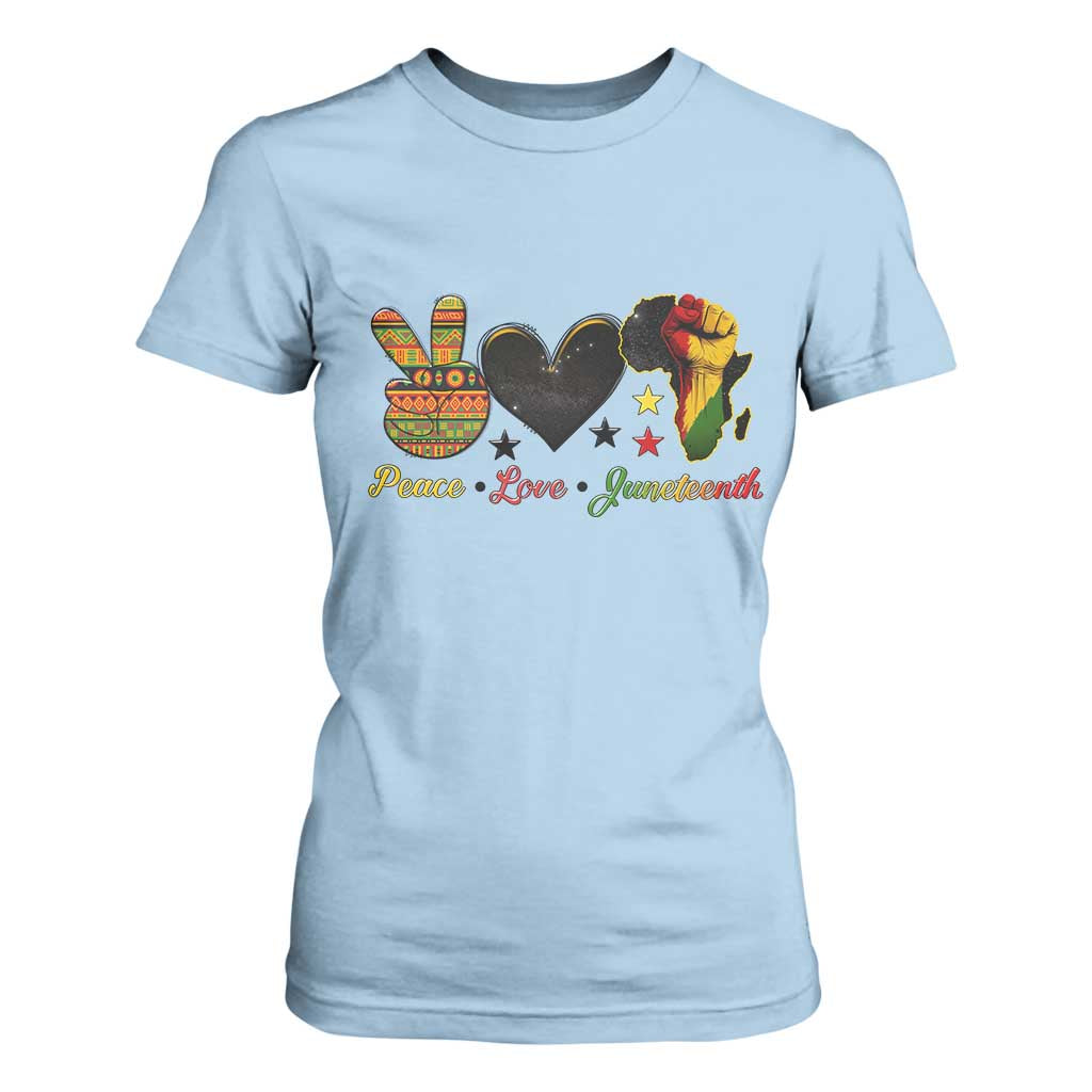 Peace Love Juneteenth T Shirt For Women 1865 Heart Kente Peace Sign Africa Fist - African Pride