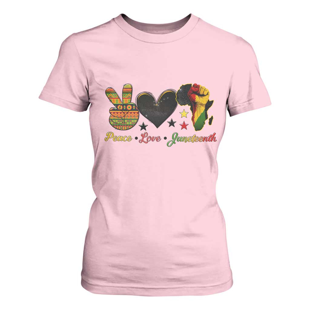 Peace Love Juneteenth T Shirt For Women 1865 Heart Kente Peace Sign Africa Fist - African Pride