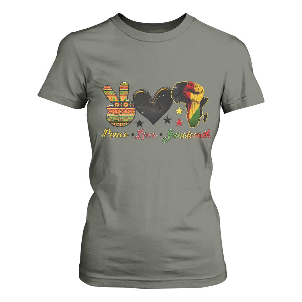 Peace Love Juneteenth T Shirt For Women 1865 Heart Kente Peace Sign Africa Fist - African Pride