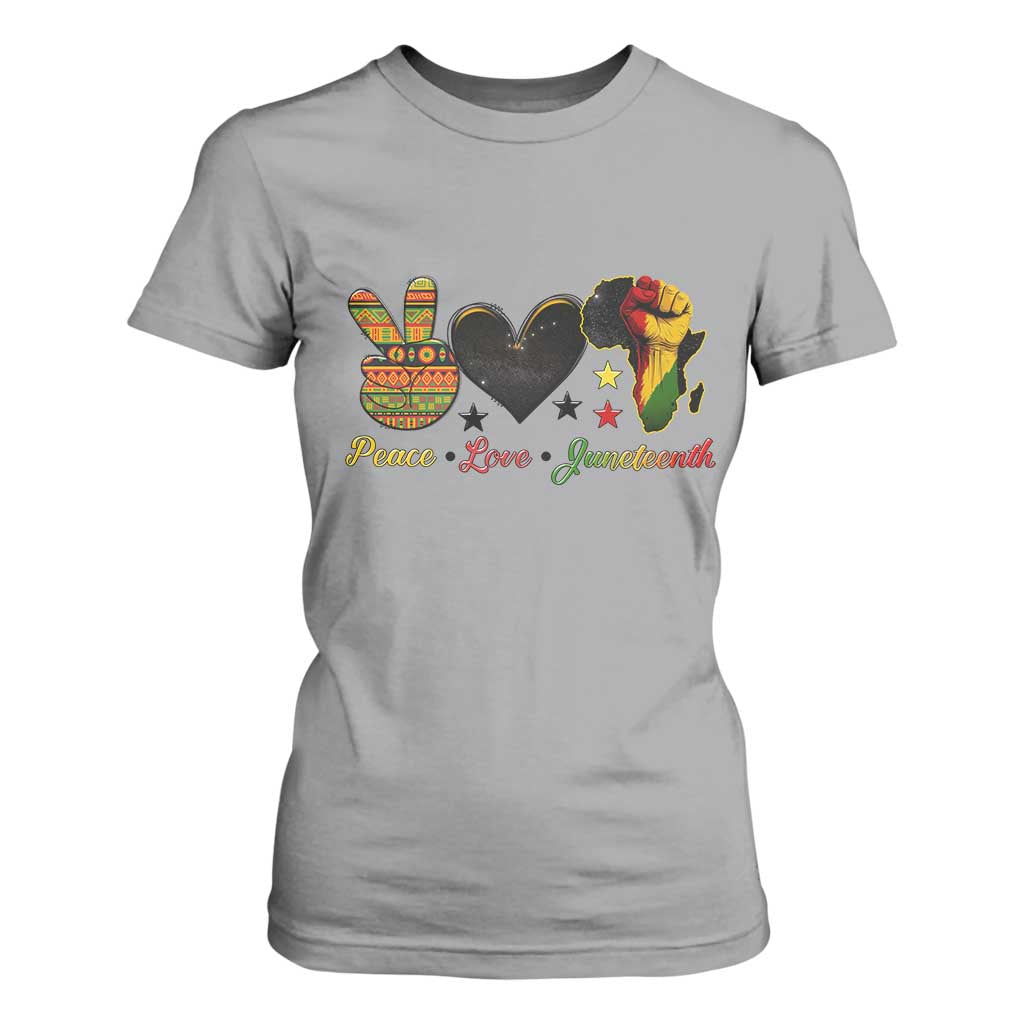 Peace Love Juneteenth T Shirt For Women 1865 Heart Kente Peace Sign Africa Fist - African Pride