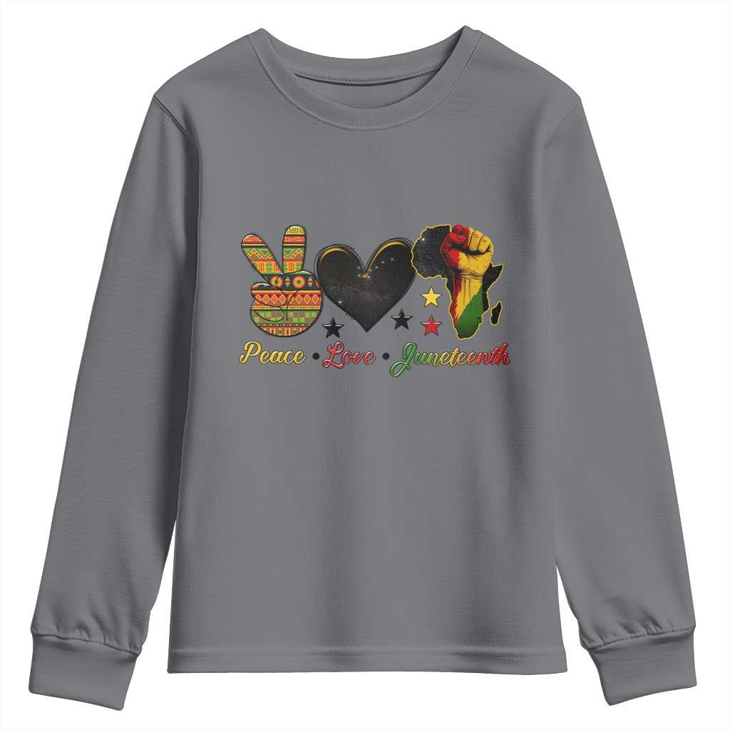 Peace Love Juneteenth Youth Sweatshirt 1865 Heart Kente Peace Sign Africa Fist - African Pride
