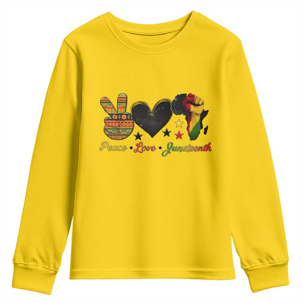 Peace Love Juneteenth Youth Sweatshirt 1865 Heart Kente Peace Sign Africa Fist - African Pride