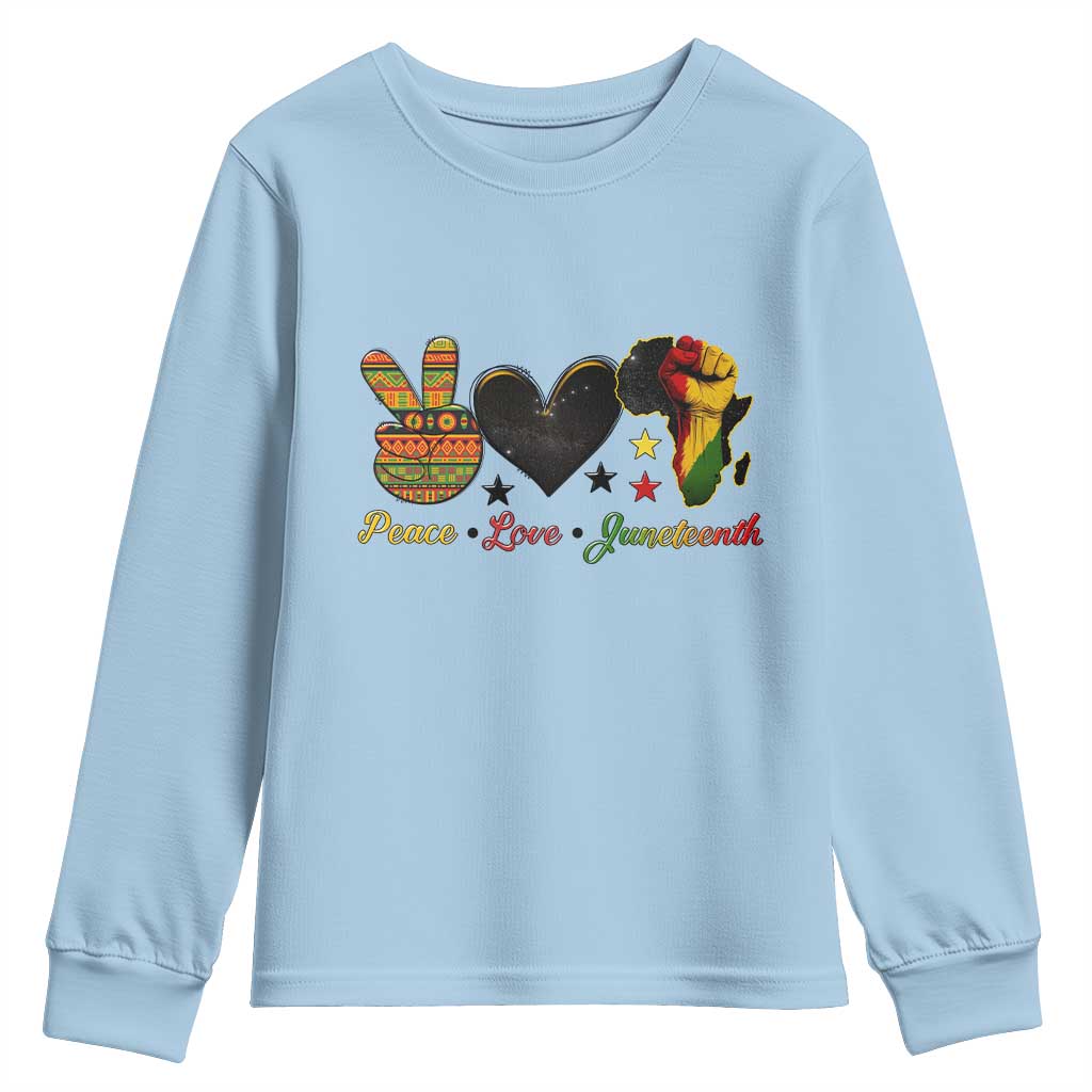 Peace Love Juneteenth Youth Sweatshirt 1865 Heart Kente Peace Sign Africa Fist - African Pride