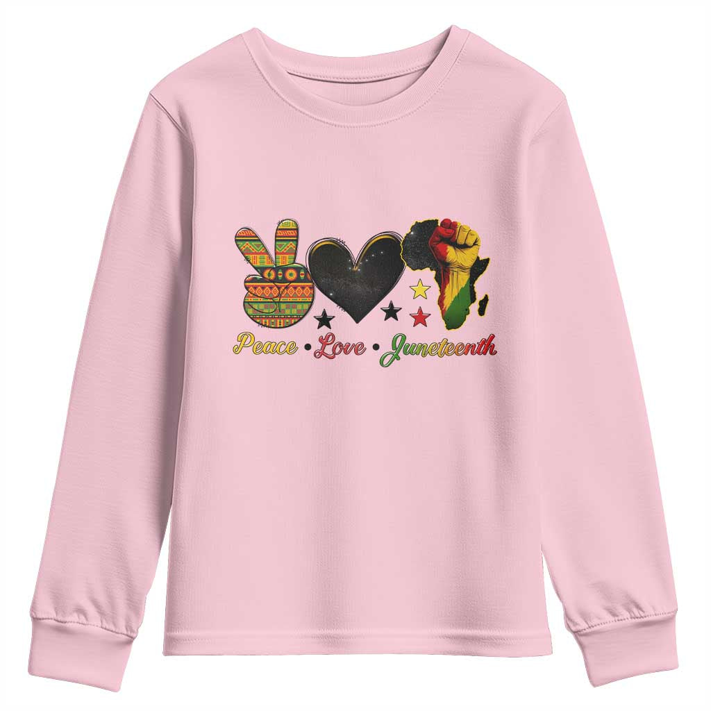 Peace Love Juneteenth Youth Sweatshirt 1865 Heart Kente Peace Sign Africa Fist - African Pride