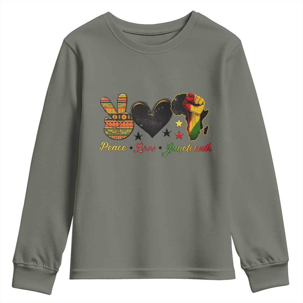 Peace Love Juneteenth Youth Sweatshirt 1865 Heart Kente Peace Sign Africa Fist - African Pride
