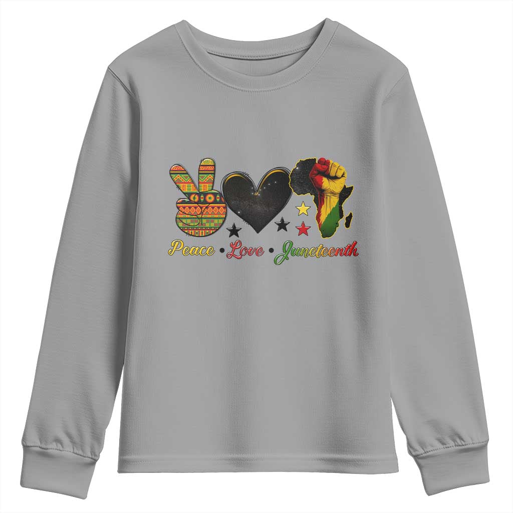 Peace Love Juneteenth Youth Sweatshirt 1865 Heart Kente Peace Sign Africa Fist - African Pride
