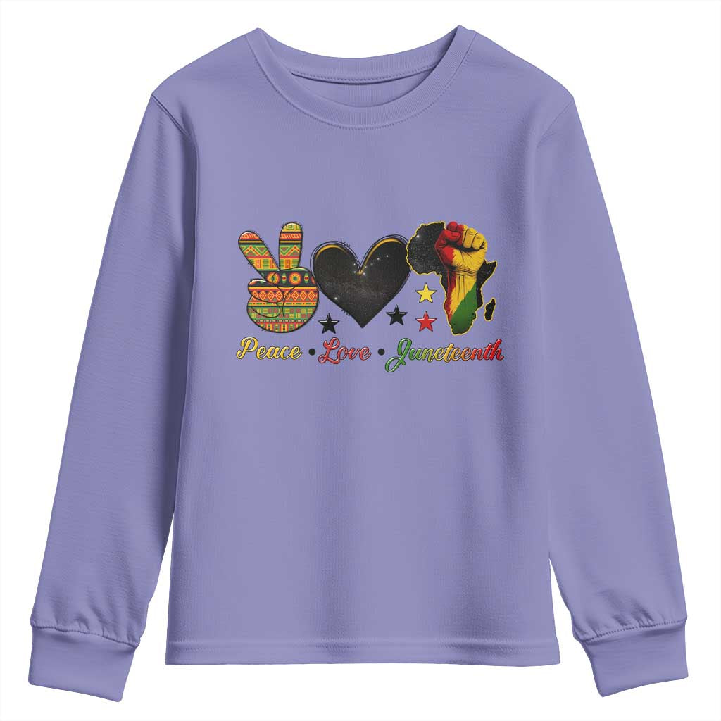 Peace Love Juneteenth Youth Sweatshirt 1865 Heart Kente Peace Sign Africa Fist - African Pride