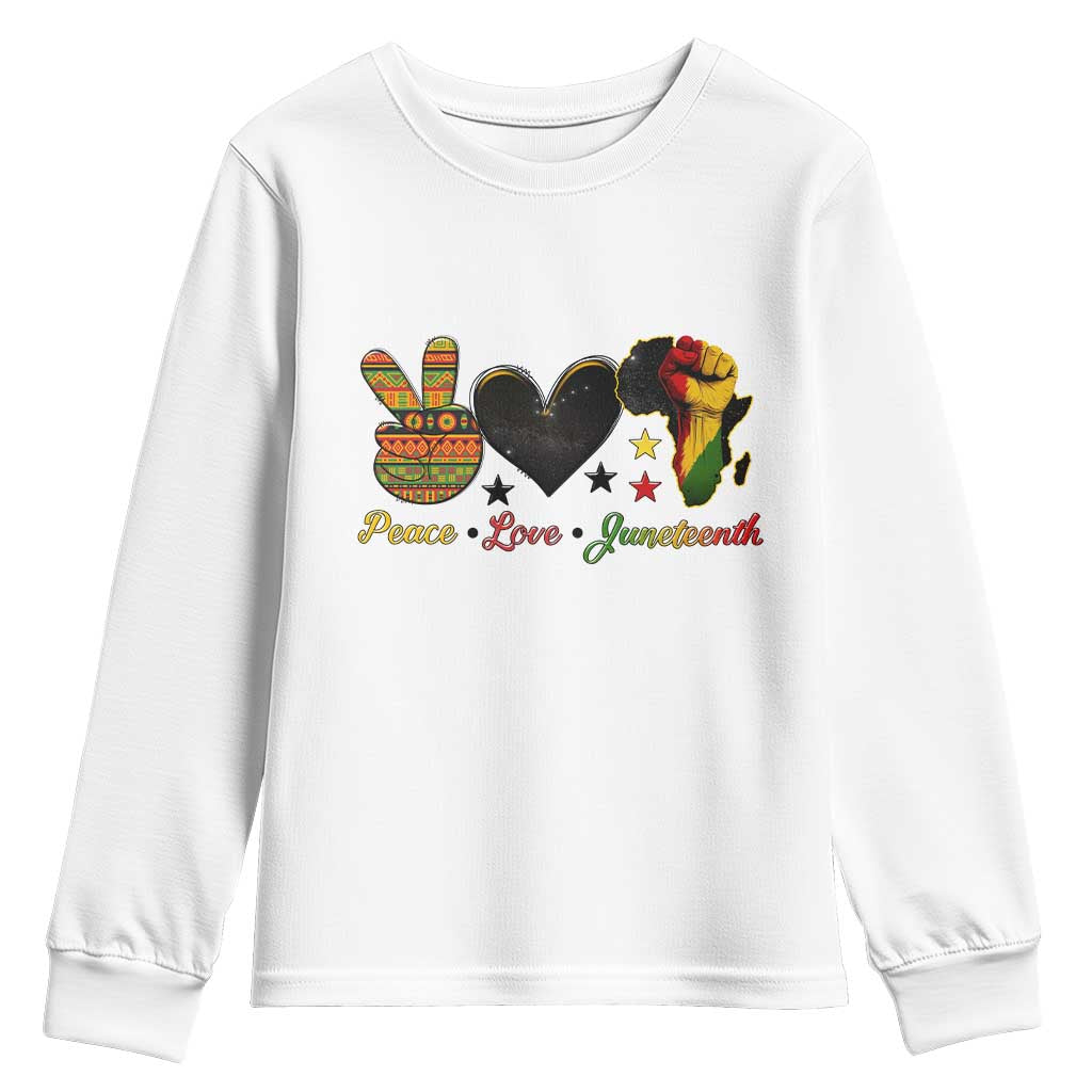 Peace Love Juneteenth Youth Sweatshirt 1865 Heart Kente Peace Sign Africa Fist - African Pride