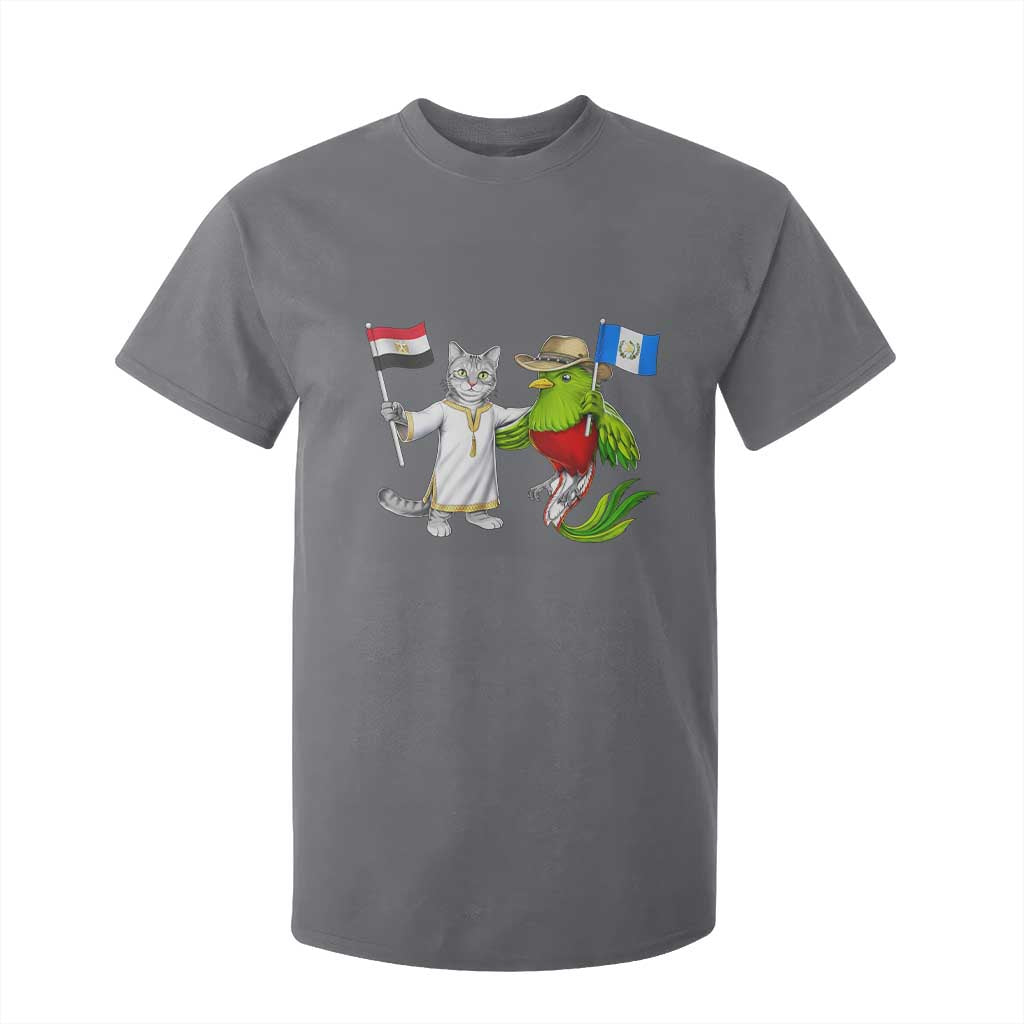 Egypt and Guatemala Friendship Heritage Pride T Shirt For Kid Cute Cat and Quetzal Holding Flag