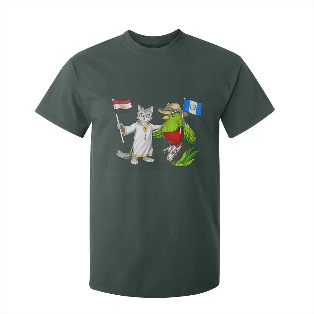 Egypt and Guatemala Friendship Heritage Pride T Shirt For Kid Cute Cat and Quetzal Holding Flag
