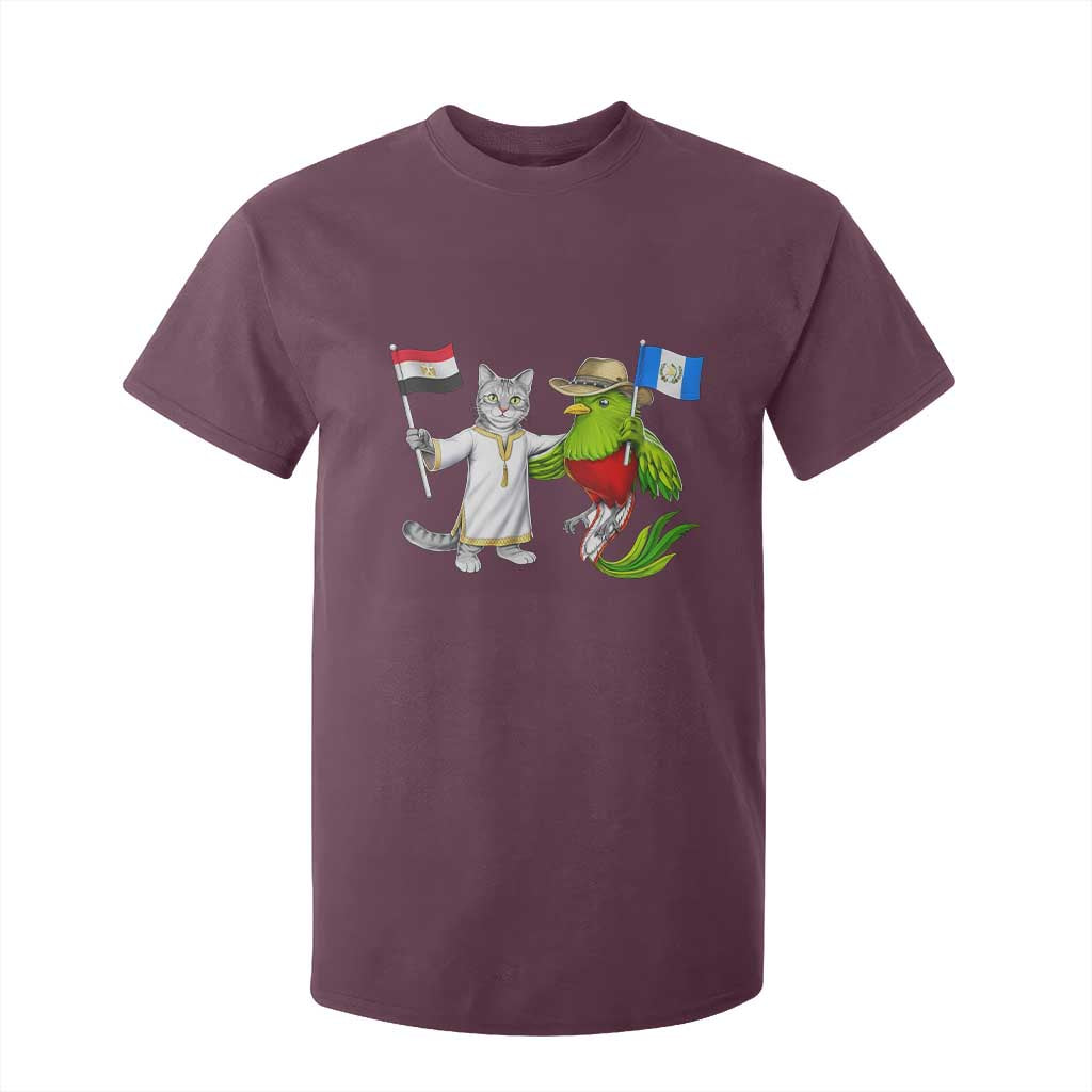 Egypt and Guatemala Friendship Heritage Pride T Shirt For Kid Cute Cat and Quetzal Holding Flag