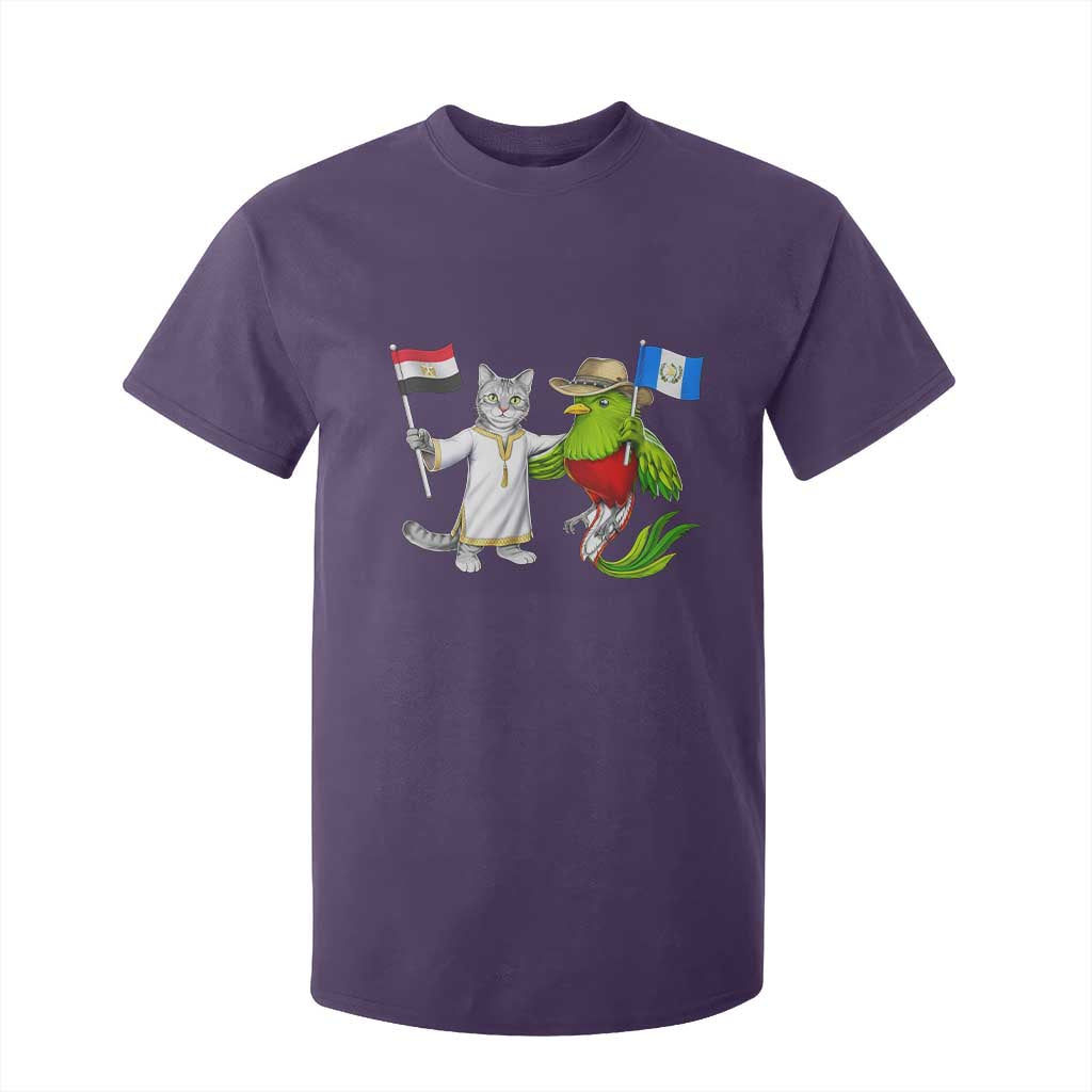 Egypt and Guatemala Friendship Heritage Pride T Shirt For Kid Cute Cat and Quetzal Holding Flag