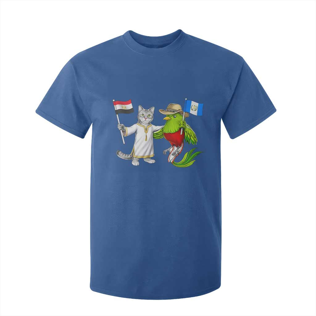 Egypt and Guatemala Friendship Heritage Pride T Shirt For Kid Cute Cat and Quetzal Holding Flag