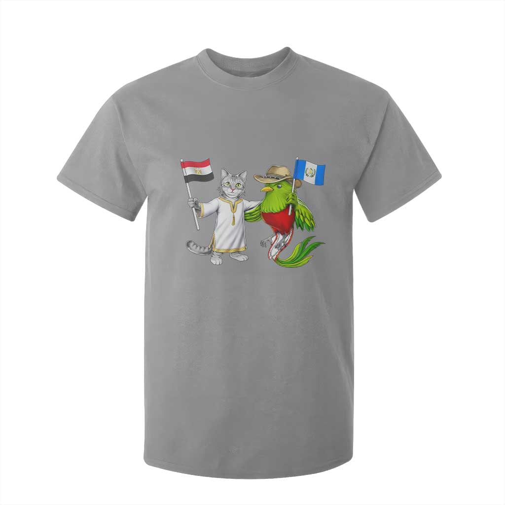 Egypt and Guatemala Friendship Heritage Pride T Shirt For Kid Cute Cat and Quetzal Holding Flag