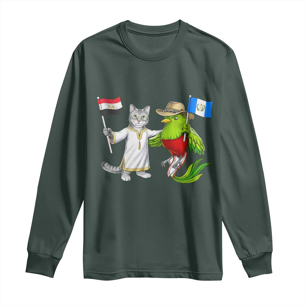 Egypt and Guatemala Friendship Heritage Pride Long Sleeve Shirt Cute Cat and Quetzal Holding Flag
