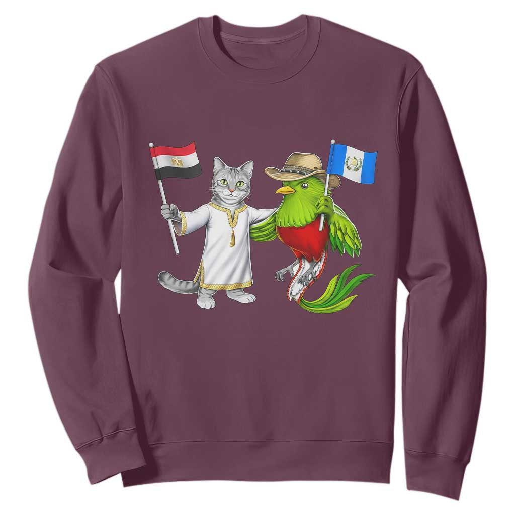 Egypt and Guatemala Friendship Heritage Pride Sweatshirt Cute Cat and Quetzal Holding Flag