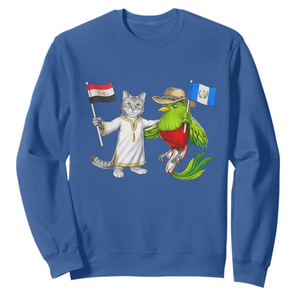 Egypt and Guatemala Friendship Heritage Pride Sweatshirt Cute Cat and Quetzal Holding Flag