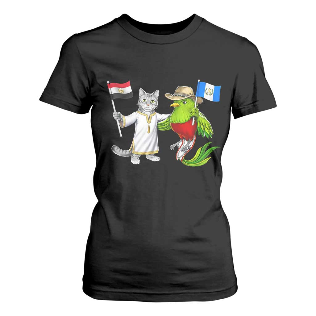 Egypt and Guatemala Friendship Heritage Pride T Shirt For Women Cute Cat and Quetzal Holding Flag