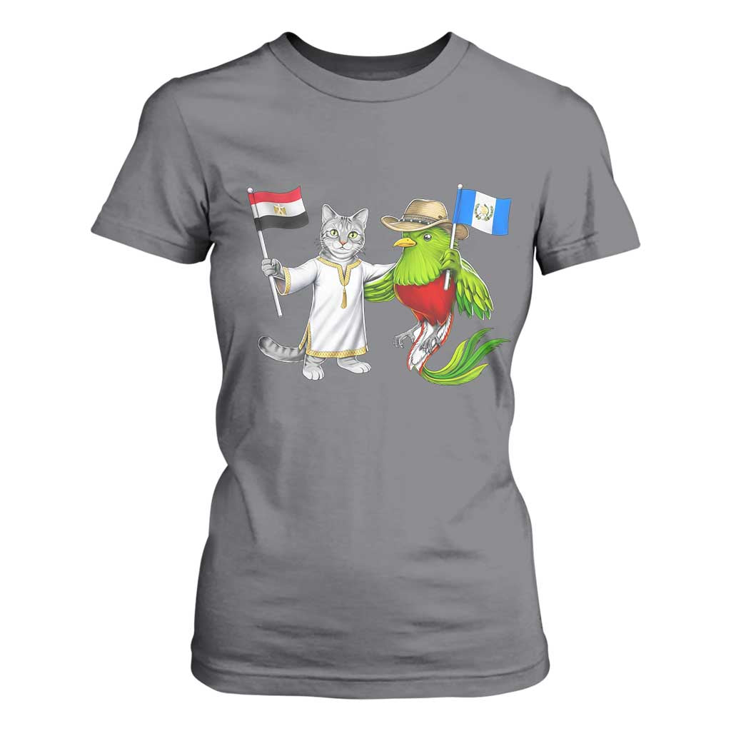 Egypt and Guatemala Friendship Heritage Pride T Shirt For Women Cute Cat and Quetzal Holding Flag