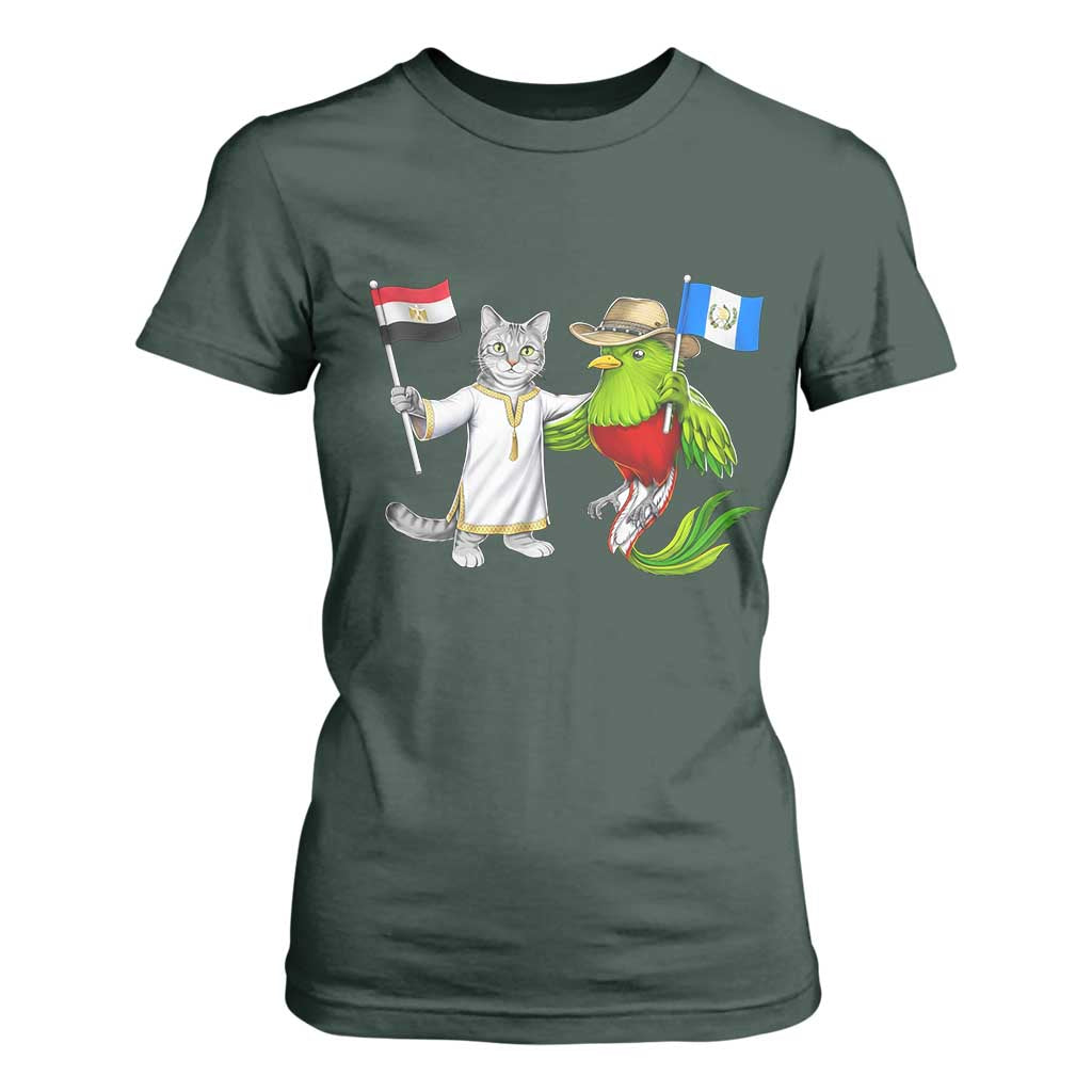 Egypt and Guatemala Friendship Heritage Pride T Shirt For Women Cute Cat and Quetzal Holding Flag