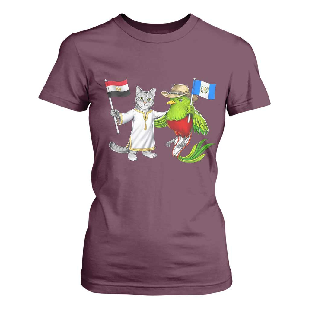 Egypt and Guatemala Friendship Heritage Pride T Shirt For Women Cute Cat and Quetzal Holding Flag