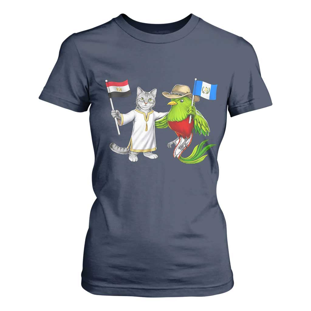 Egypt and Guatemala Friendship Heritage Pride T Shirt For Women Cute Cat and Quetzal Holding Flag