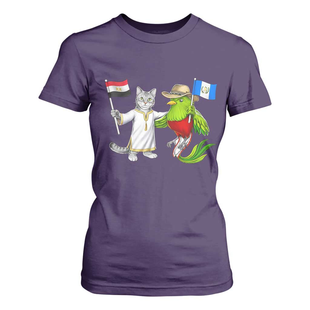 Egypt and Guatemala Friendship Heritage Pride T Shirt For Women Cute Cat and Quetzal Holding Flag