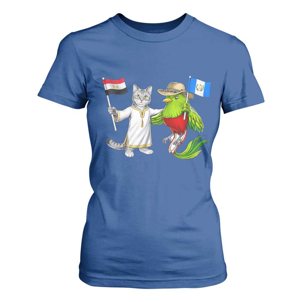 Egypt and Guatemala Friendship Heritage Pride T Shirt For Women Cute Cat and Quetzal Holding Flag