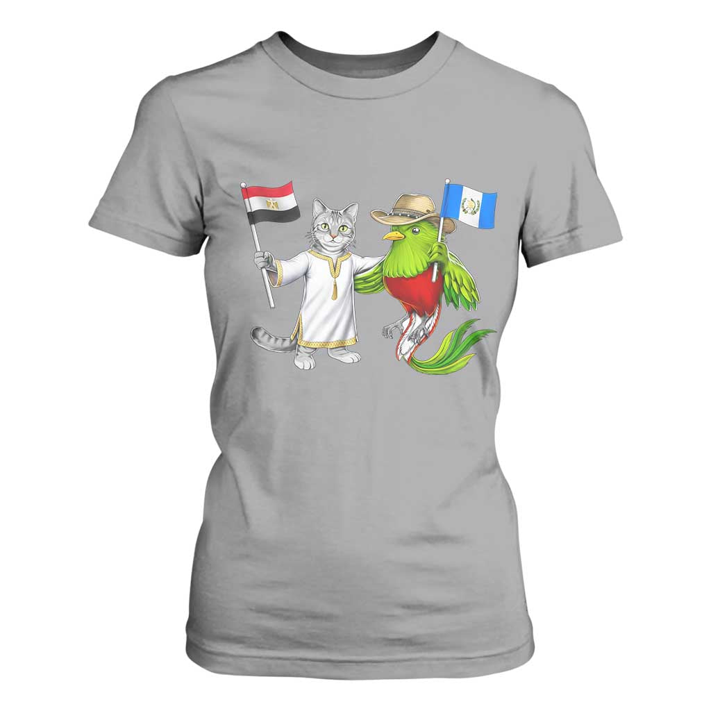 Egypt and Guatemala Friendship Heritage Pride T Shirt For Women Cute Cat and Quetzal Holding Flag
