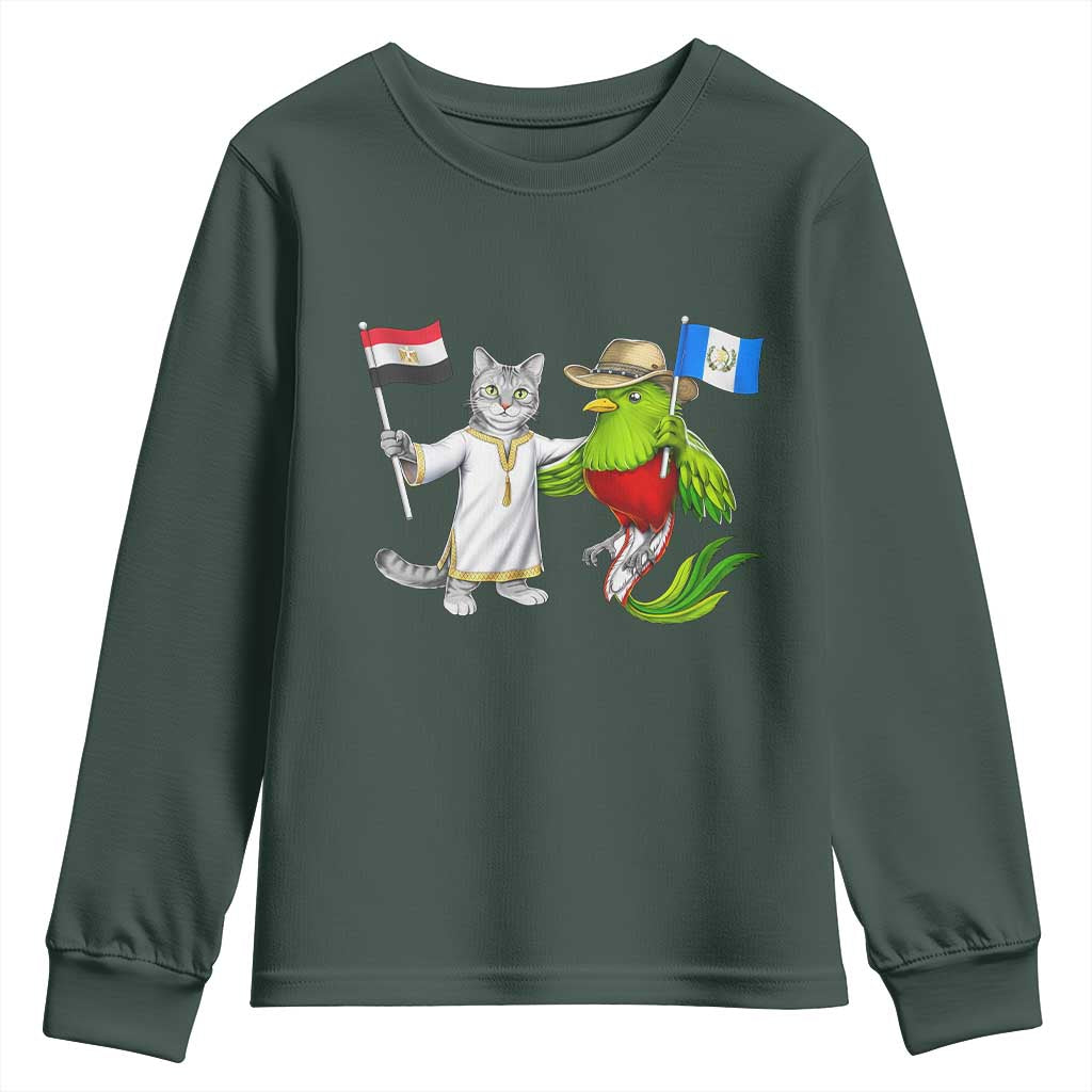 Egypt and Guatemala Friendship Heritage Pride Youth Sweatshirt Cute Cat and Quetzal Holding Flag
