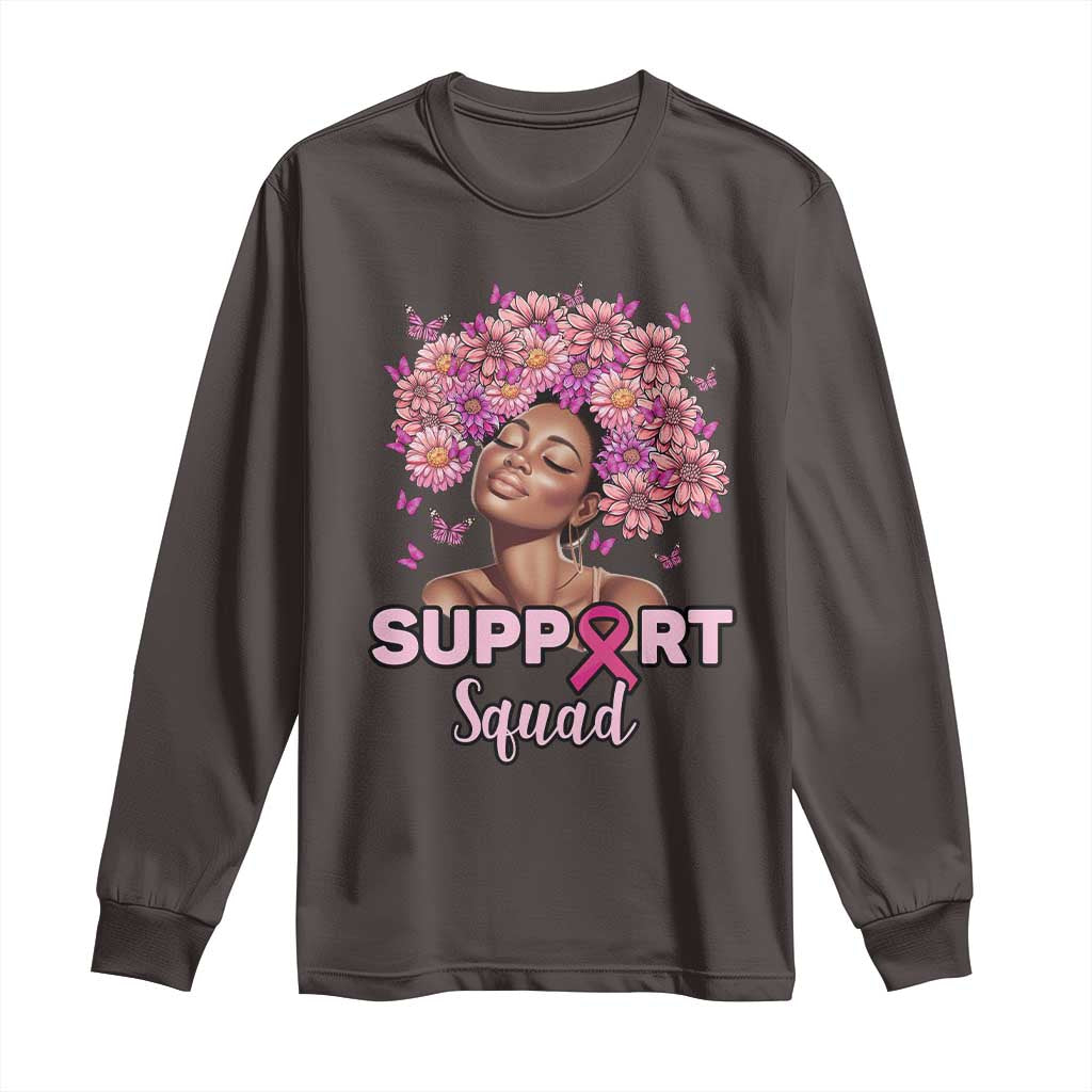 Breast Cancer Awareness Long Sleeve Shirt Black Afro Woman Support Squad Pink Ribbon Sunflower