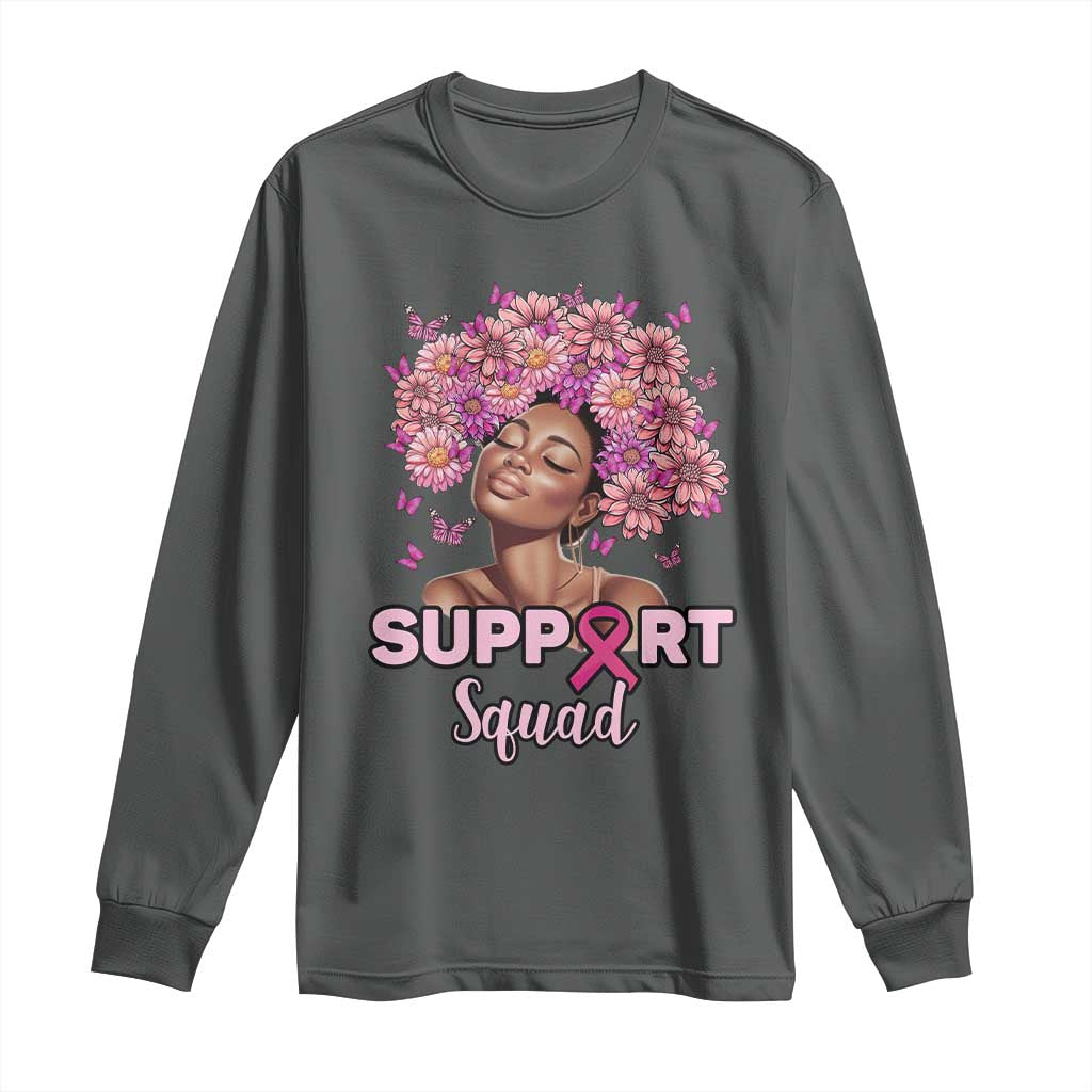 Breast Cancer Awareness Long Sleeve Shirt Black Afro Woman Support Squad Pink Ribbon Sunflower