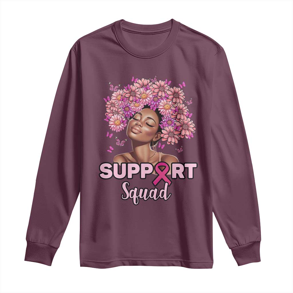 Breast Cancer Awareness Long Sleeve Shirt Black Afro Woman Support Squad Pink Ribbon Sunflower