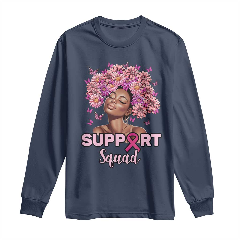 Breast Cancer Awareness Long Sleeve Shirt Black Afro Woman Support Squad Pink Ribbon Sunflower