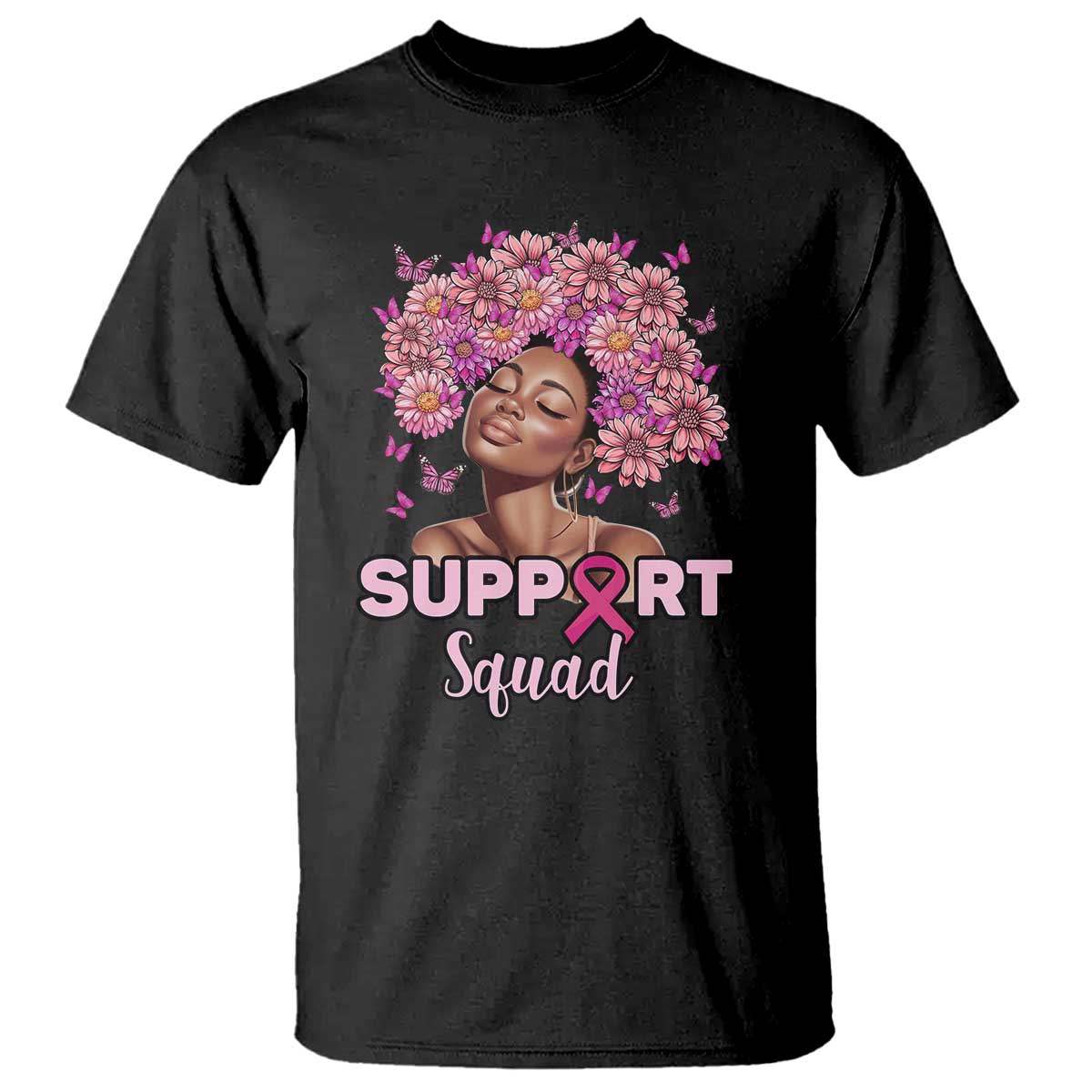 Breast Cancer Awareness T Shirt Black Afro Woman Support Squad Pink Ribbon Sunflower