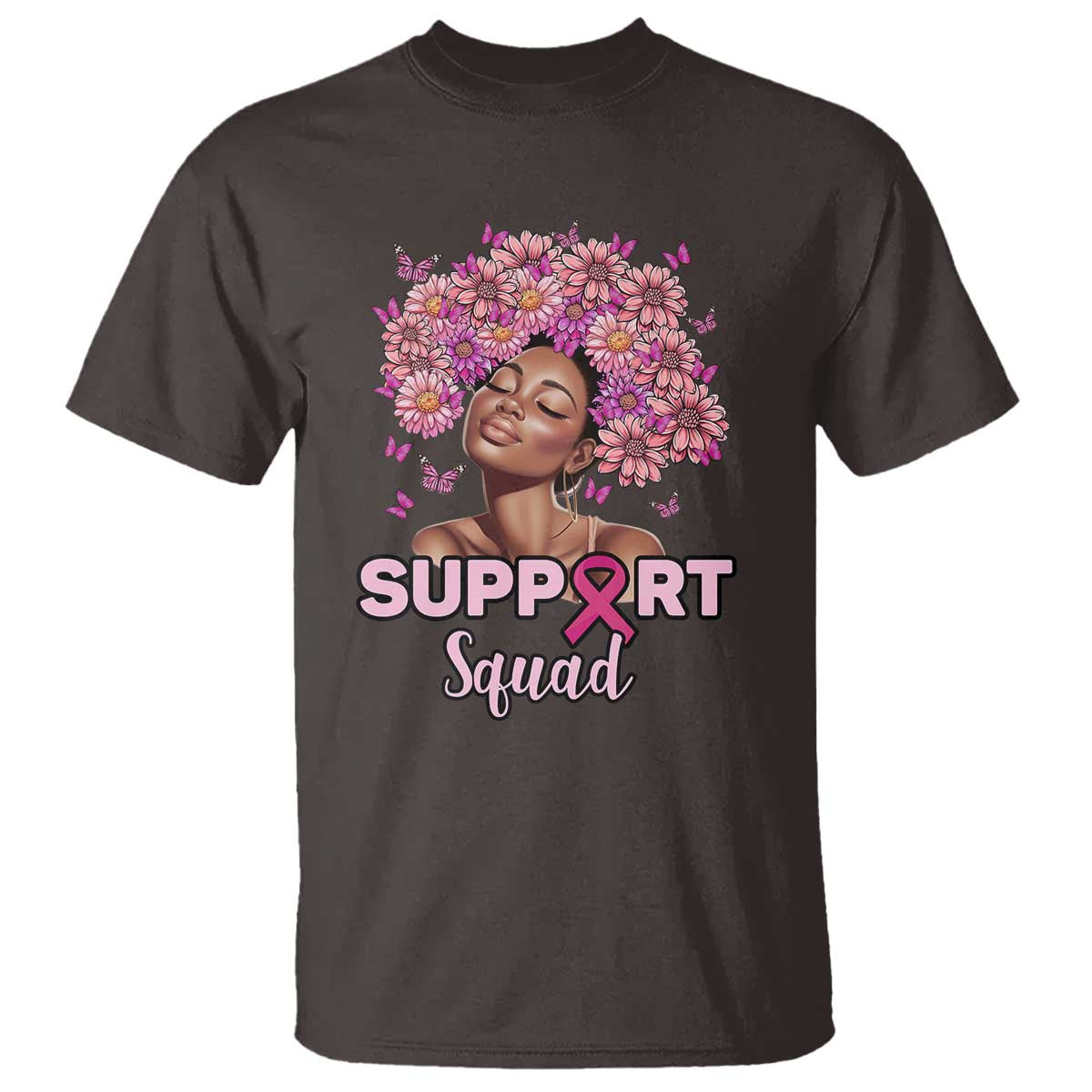 Breast Cancer Awareness T Shirt Black Afro Woman Support Squad Pink Ribbon Sunflower