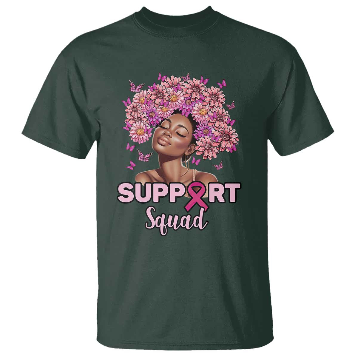 Breast Cancer Awareness T Shirt Black Afro Woman Support Squad Pink Ribbon Sunflower