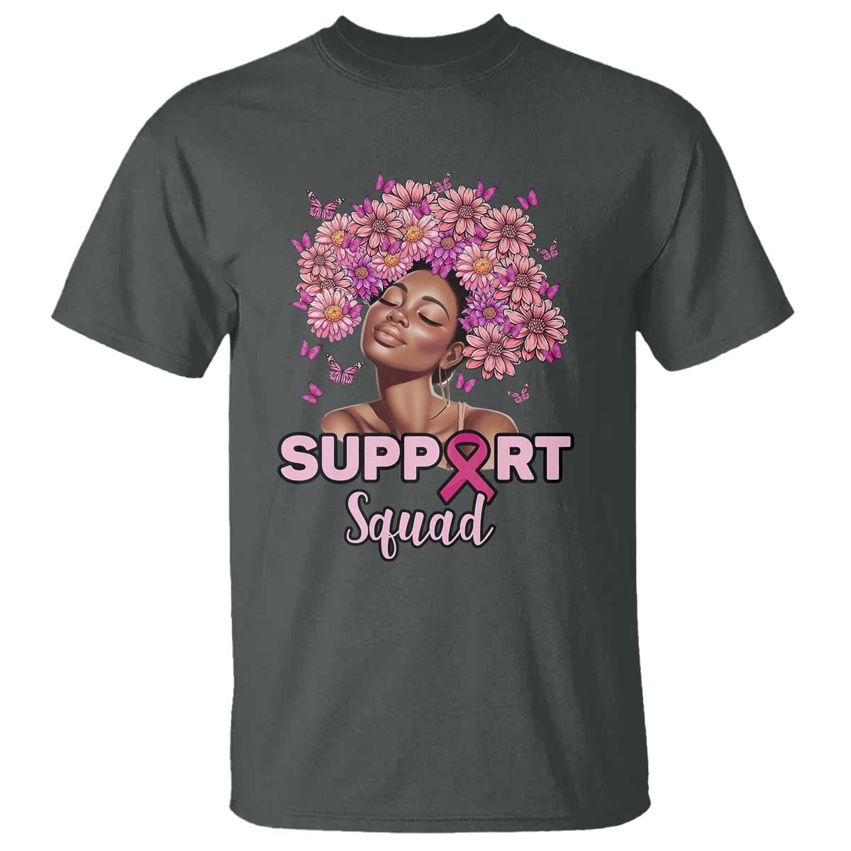 Breast Cancer Awareness T Shirt Black Afro Woman Support Squad Pink Ribbon Sunflower