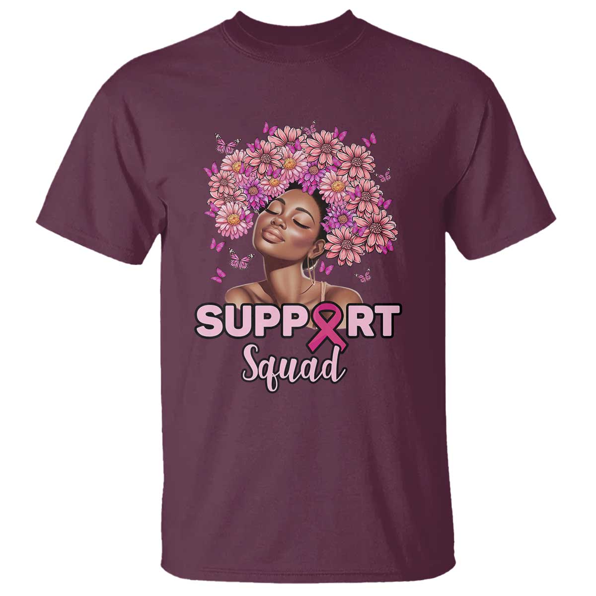Breast Cancer Awareness T Shirt Black Afro Woman Support Squad Pink Ribbon Sunflower