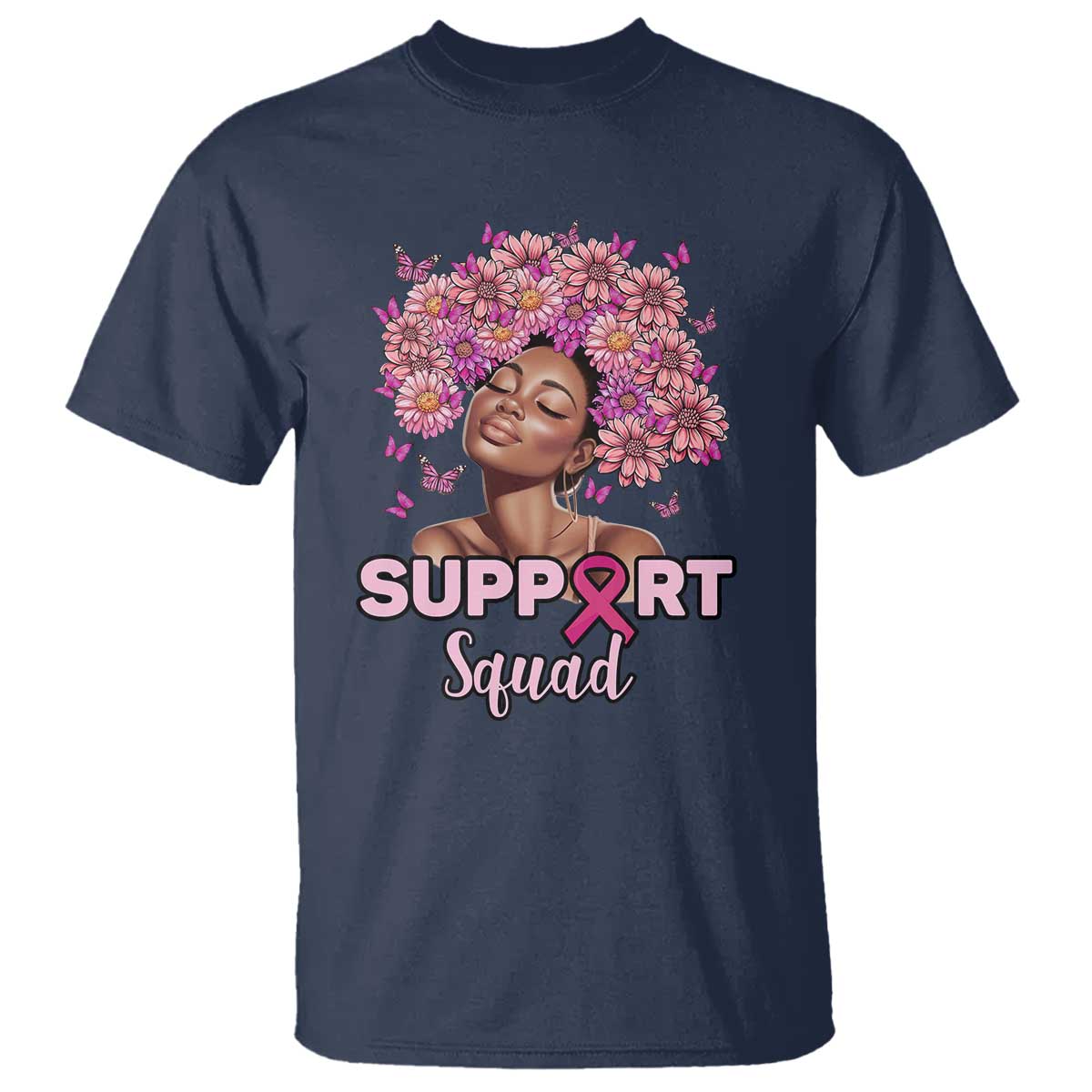 Breast Cancer Awareness T Shirt Black Afro Woman Support Squad Pink Ribbon Sunflower