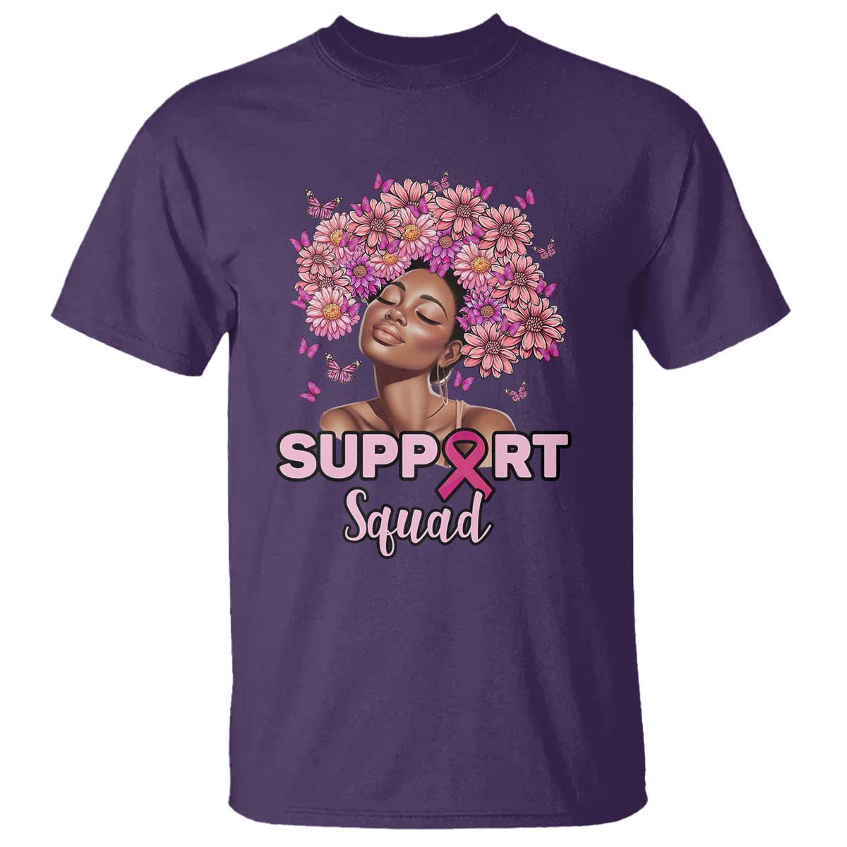 Breast Cancer Awareness T Shirt Black Afro Woman Support Squad Pink Ribbon Sunflower