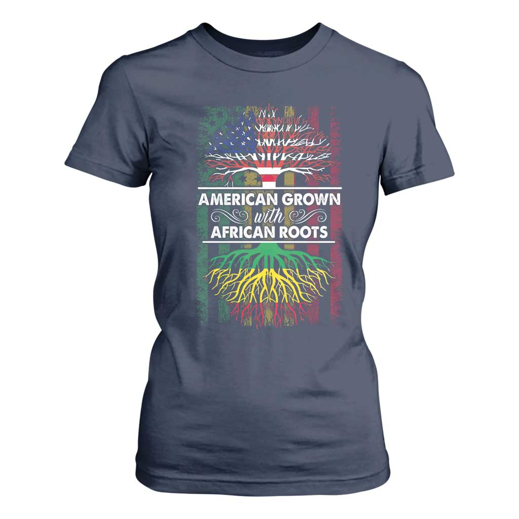 African American Roots T Shirt For Women American Grown With African Roots US Flag Tree